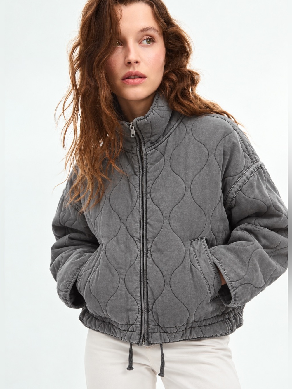 ZARA Quilted Puffer Jacket — L | Charcoal Gray | Wave Stitch